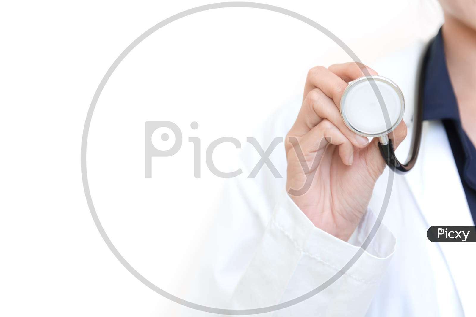 Female Doctor Holding Stethoscope Medical Equipment Tool On White Isolated Background, Doctor And Hospital Concept, Copyspace And Blank