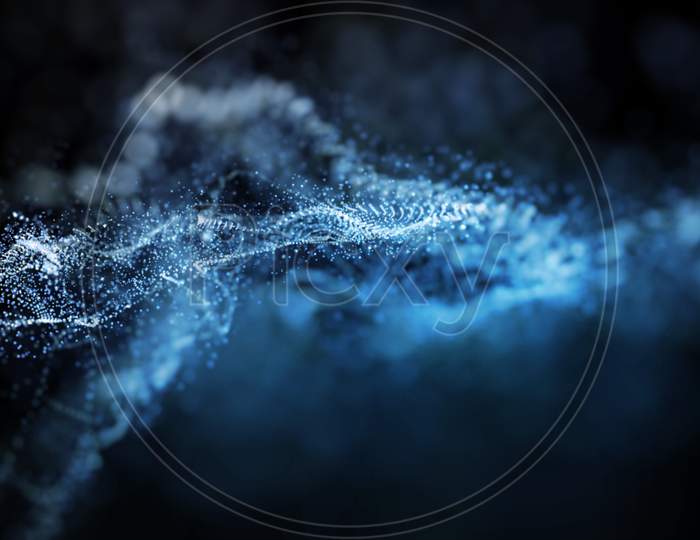 Abstract Blue Color Digital Particles Wave Form Network With Dust And Light Motion Background. Modern Technology And Futuristics Science Concept. 3D Illustration Rendering