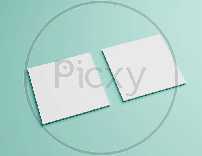White Square Shape Business Card Mockup Stacking On Green Mint Pastel Color Table Background. Branding Presentation Template Print. 2.5 X 2.5 Inch Paper Size Cover. 3D Illustration Rendering