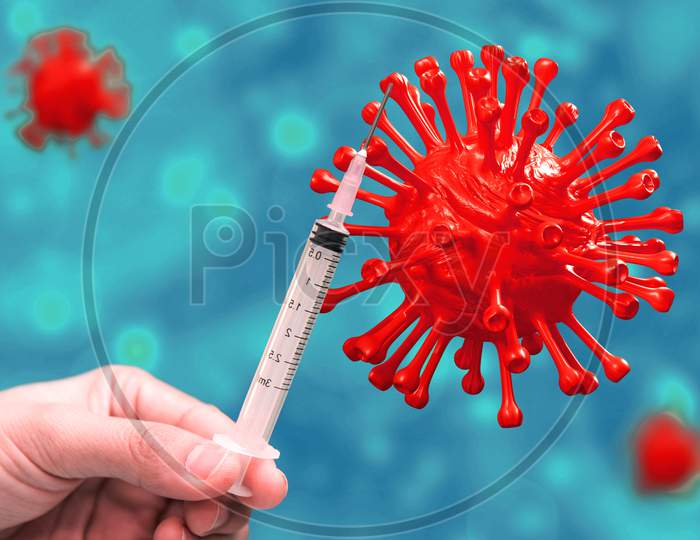 Close Up Influenza Virus In Blood Vessel With Immune Vaccine. Covid-19 Wireframe Coronavirus Background. Science And Medical Concept. Micro Nucleus Corona Virus Cell. 3D Illustration Rendering