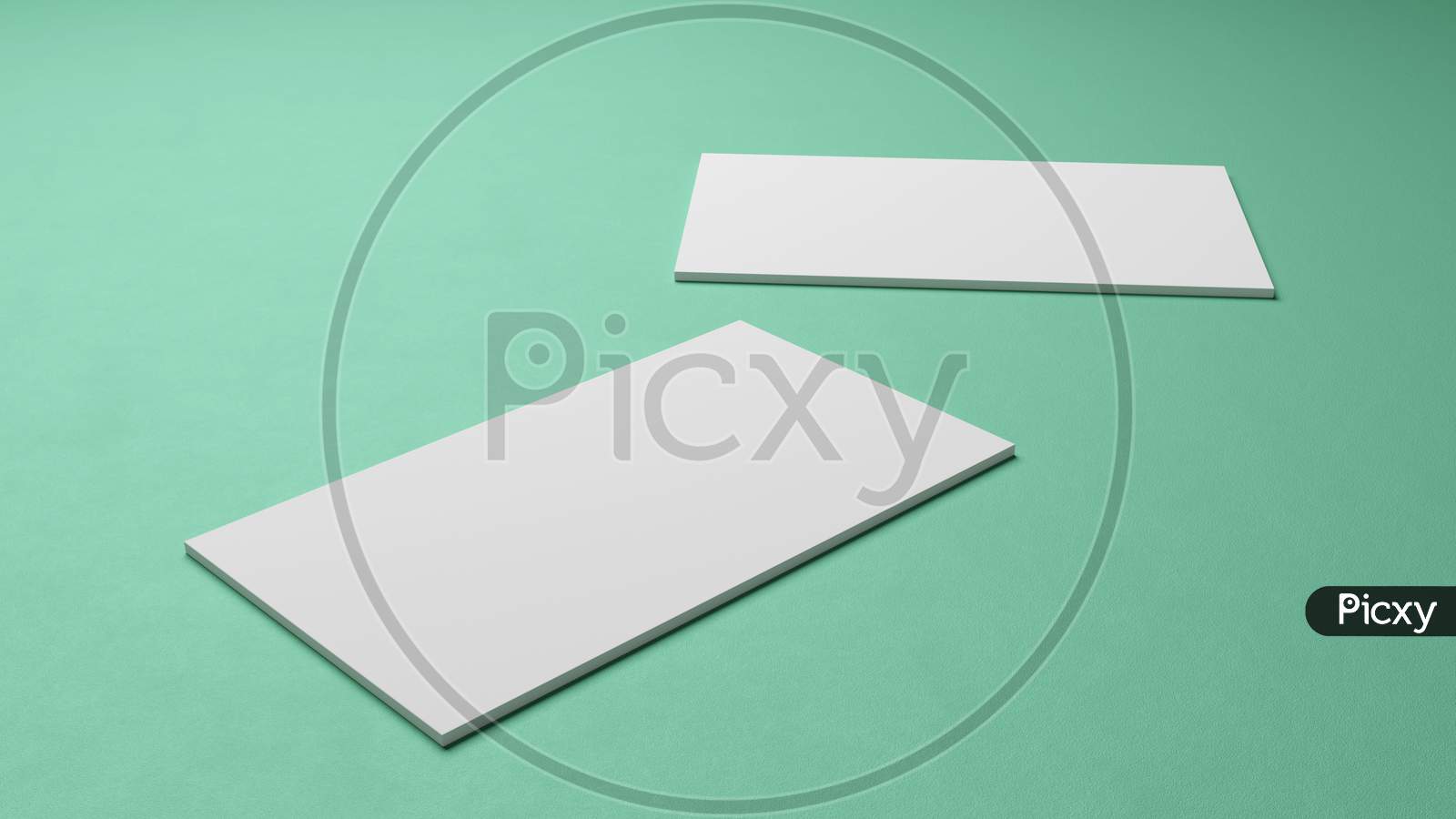White Square Shape Business Card Mockup Stacking On Green Mint Pastel Color Table Background. Branding Presentation Template Print. 3.5 X 2 Inch Paper Size Cover. 3D Illustration Rendering