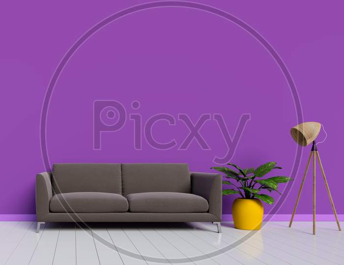 Modern Interior Design Of Purple Living Room With Brown Sofa And Yellow Plant Pot On White Glossy Wooden Floor. Lamp Element. Home And Living Concept. Lifestyle Theme. 3D Illustration Rendering.