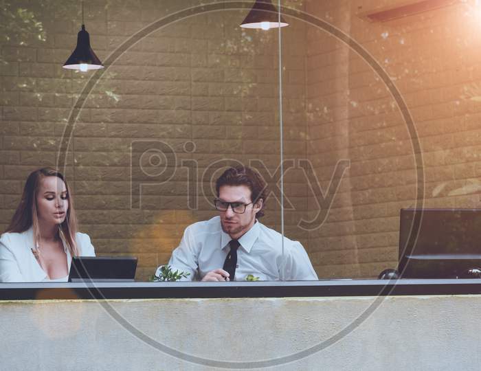 Two Men And Women Work Together In Clear Office With Tree And Nature Reflection On Transparent Glass. Business People And Occupation Concept.