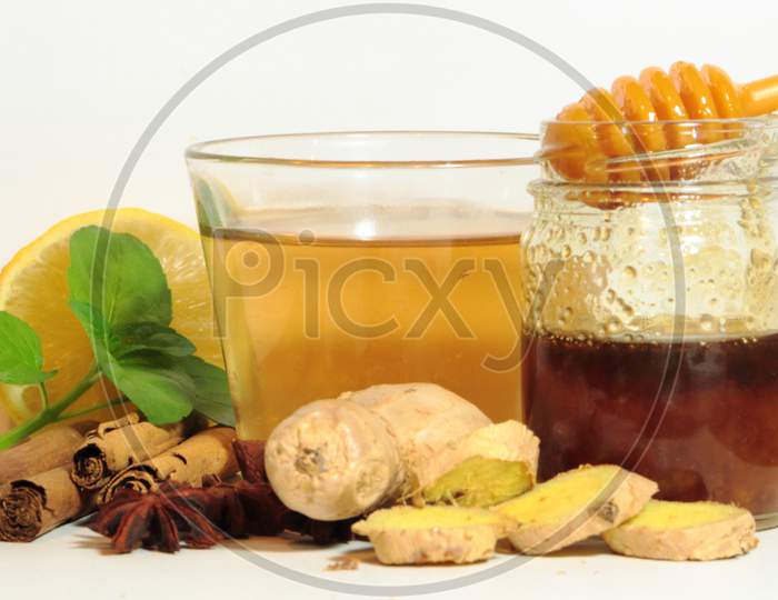 Healthy Tea Of Ginger Mint Lemon Cinnamon Curcuma Anis And Honey