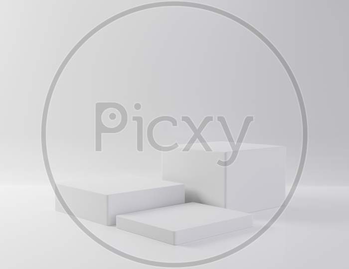 White Rectangle Cube Product Showcase Table On Isolate Background. Abstract Minimal Geometry Concept. Studio Podium Platform. Exhibition And Business Presentation Stage. 3D Illustration Render Graphic