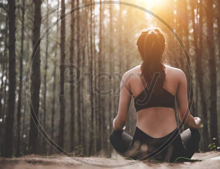 Back View Of Beautiful Woman Doing Yoga Pose In Peaceful Natural Forest. Lifestyle And Meditation Concept. Healthy And Mental Training Concept. Autumn Seasonal And Outdoors Theme