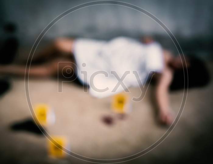 Blurry Of Woman Corpse Who Was Raped By Thieve Or Robber In Abandoned House With Evidence Of Accident And Proof In Danger Area. Criminal News And Social Issues Concept. Dead And Police Work Theme