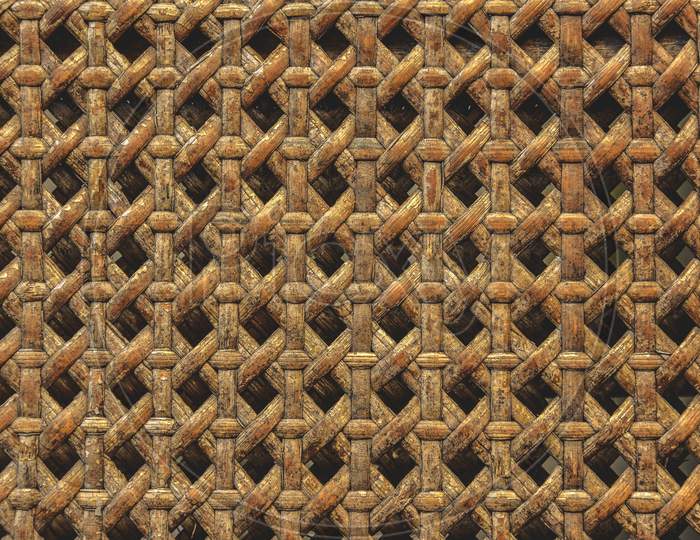 Close Up Of Wooden Basket Made From Ratten Texture Background. Material And Nature Conept. Wallpaper Theme.