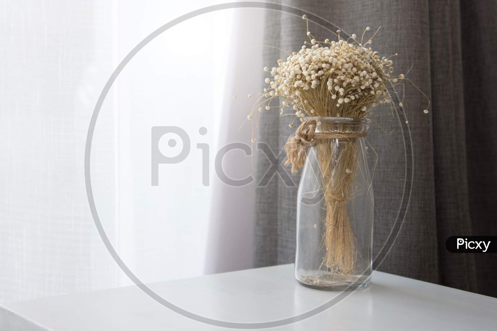 Dry Flower In Transparent Glass Vase Bottle At Living Room. Decoration And Interior Concept.