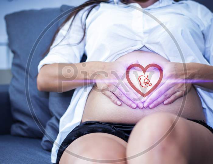 Pregnant Woman With Baby Illustration In Heart Shape, Newborn And Family Concept. Healthcare Theme