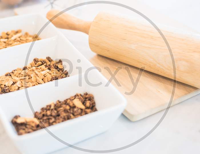 Corn Flakes For Baking Cookie With Kitchen Utensil With For Christmas Day Event. Cooking And Dessert Concept. Biscuits And Delicious Flavor Theme.