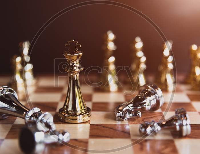 Chess Board Games For The Last Stand Winner In Business Market Sharing Competition As Professional And Strong Business Investor. Leadership And Successful Strategy Tactical Concept Background.