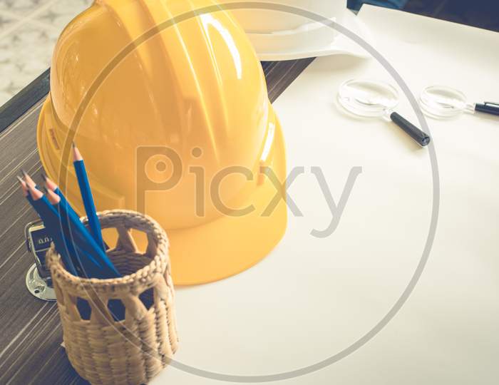 Construction Engineer Equipment On The Table. Equipment And Device Concept. Copy Space