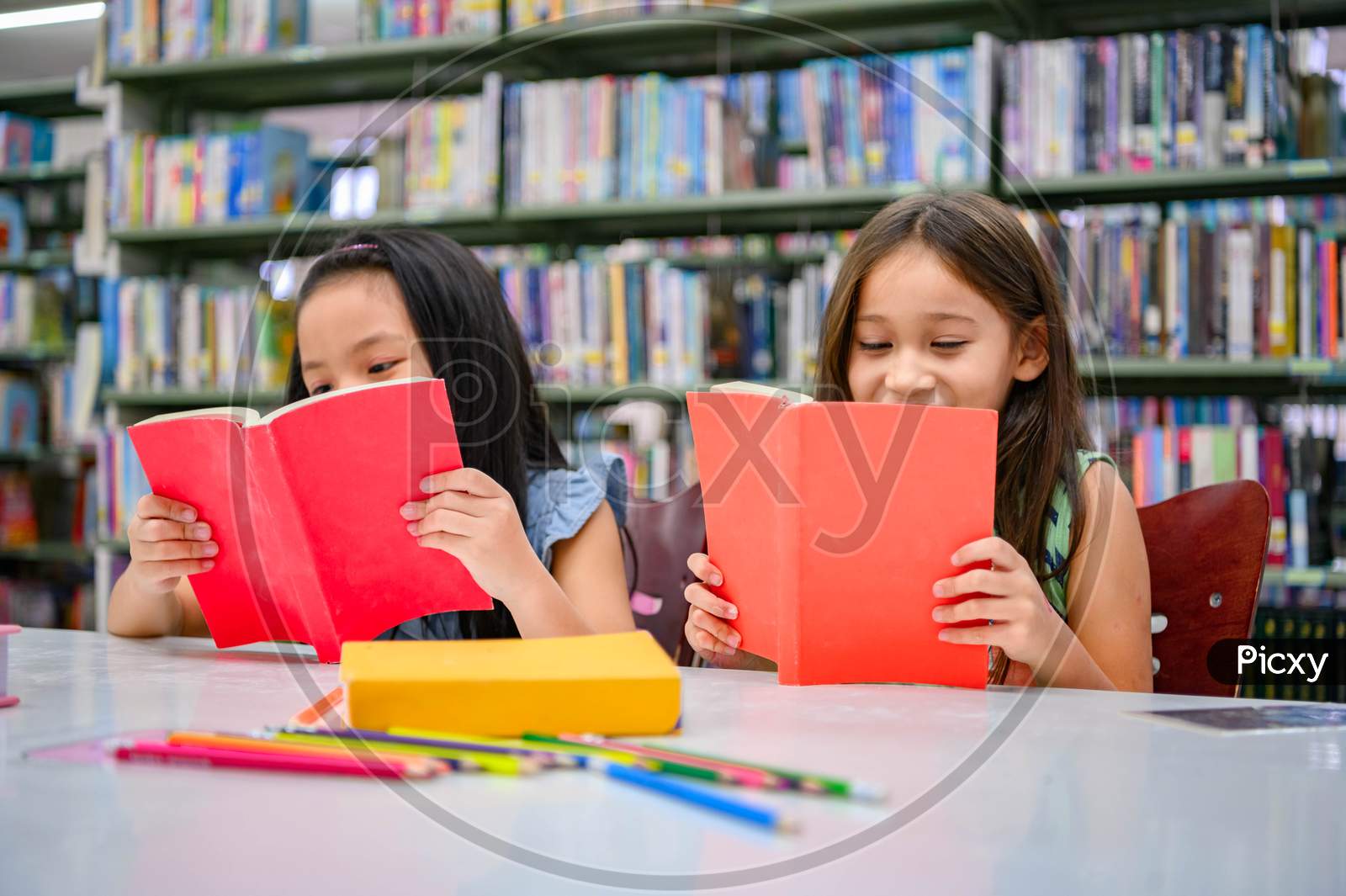 Happiness Two Cute Diversity Girls Reading Book In School Library Funny. People Lifestyles And Friend Education And Friendship Concept. Leisure Child And Kids Group Activity