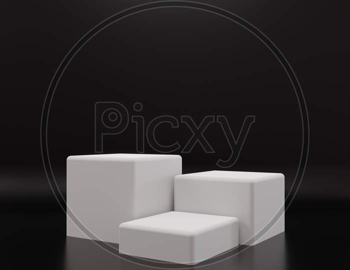 White Rectangle Cube Product Showcase Table On Black Background. Abstract Minimal Geometry Concept. Studio Podium Platform. Exhibition And Business Presentation Stage. 3D Illustration Render Graphic