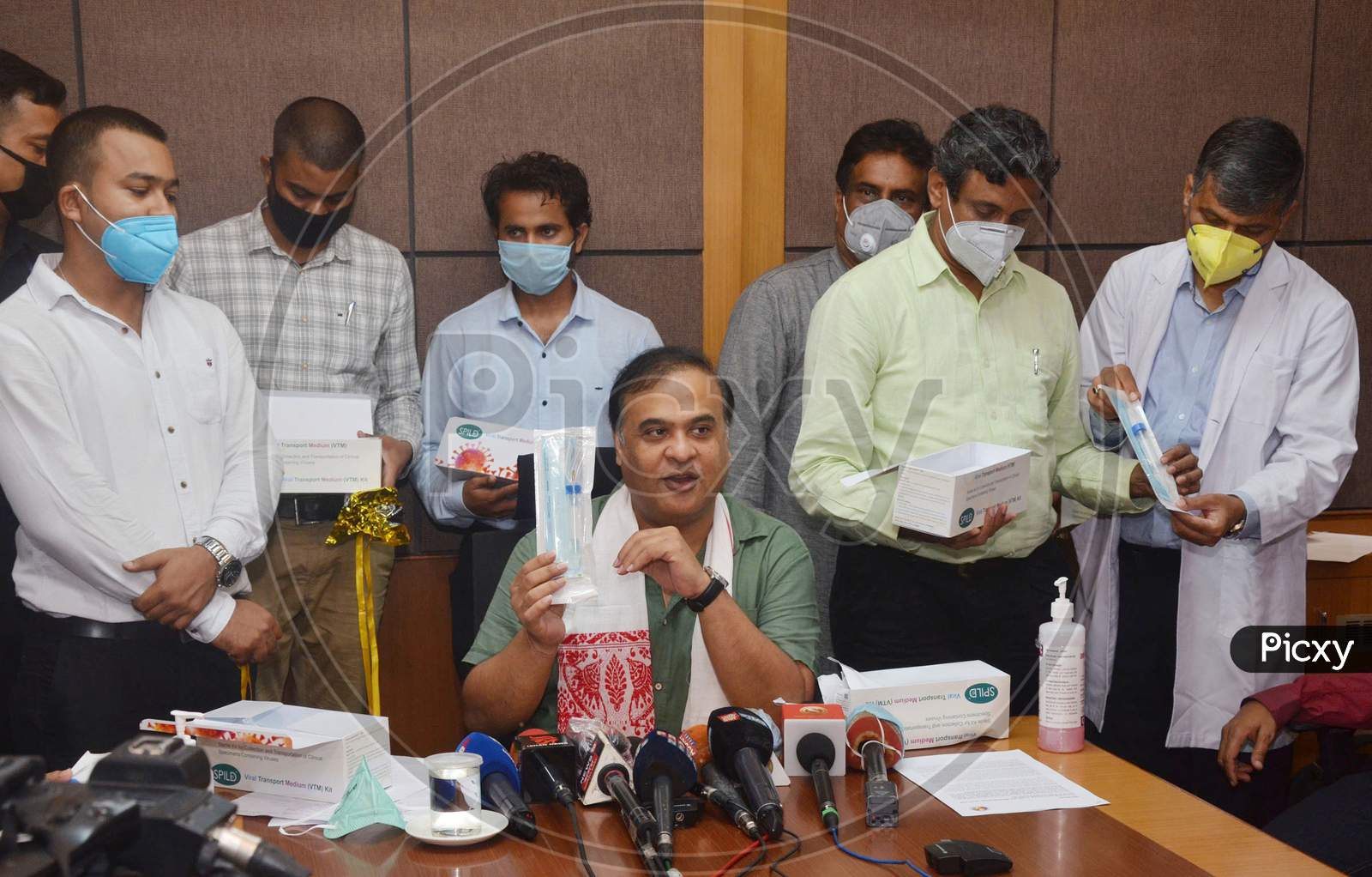 Assam State Minister Himanta Biswa Sarma speaks to media during the launch of the Viral Transport Media (VTM) kits, at Gauhati Medical College and Hospital (GMCH) in Guwahati , Wednesday, June 17, 2020.
