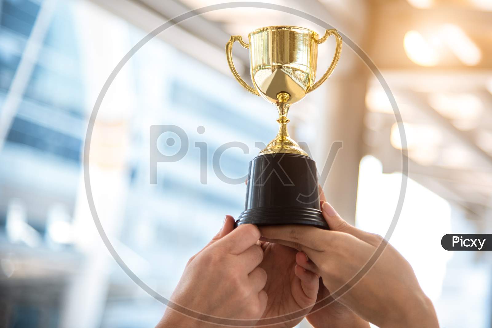 Champion Golden Trophy For Winner With Sport Player Hands In Sport Stadium Background. Success And Achievement Concept. Sport And Cup Award Theme. American Football Award And Match Game Play Prize