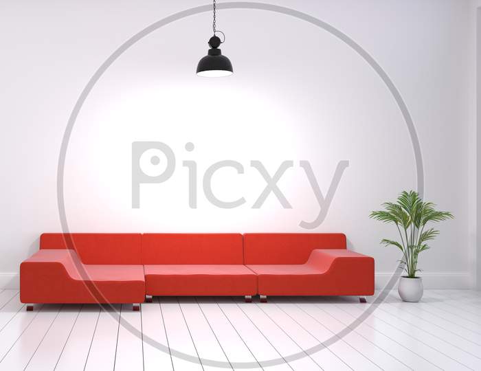 Modern Interior Design Of Living Room With Red Sofa And Plant Pot On White Glossy Wooden Floor. Turn On Hanging Lamp On Wall. Home And Living Concept. Lifestyle Theme. 3D Illustration Rendering.