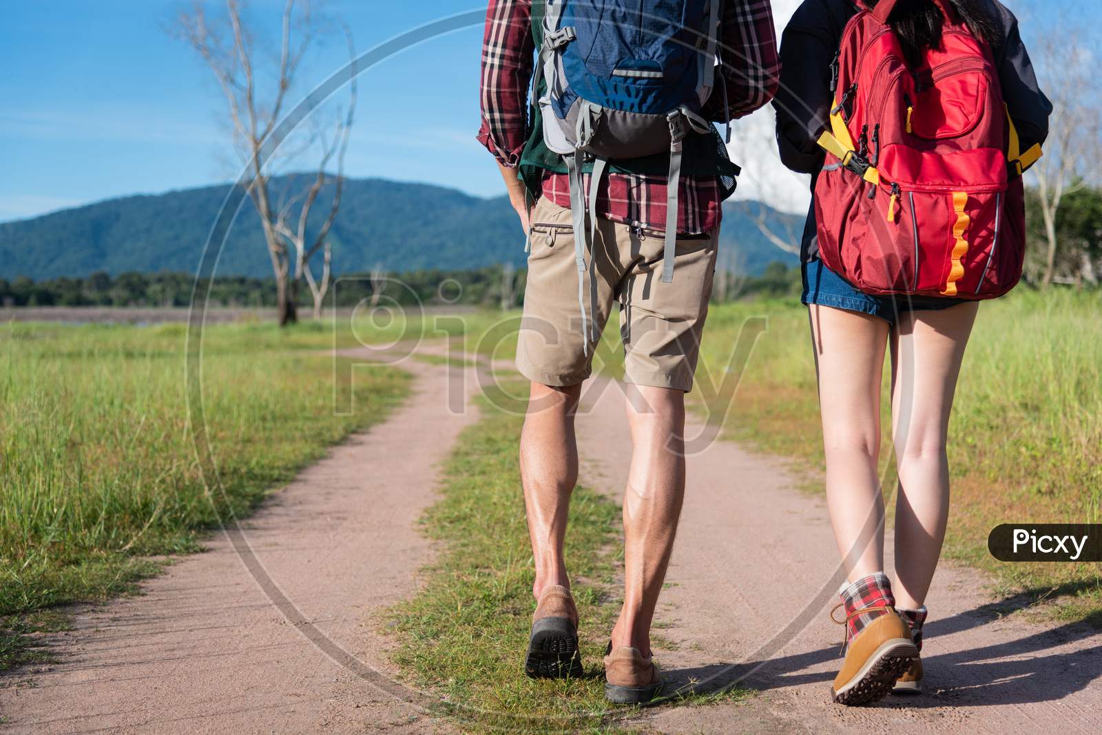 Close Up Of Lower Legs Of Two Travelers Walking Along Path In Nature. Hiking And Camping Concept. Backpacker An Tourist Concept. Outdoors Activity And Adventure Theme. Back View Angle