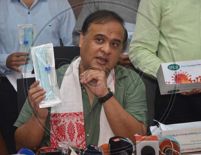 Assam State Minister Himanta Biswa Sarma speaks to media during the launch of the Viral Transport Media (VTM) kits, at Gauhati Medical College and Hospital (GMCH) in Guwahati , Wednesday, June 17, 2020.