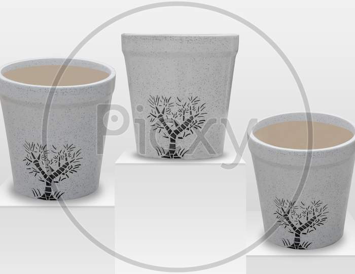 empty flower pots of different colour and different prospective, isolated on white background, copy space.