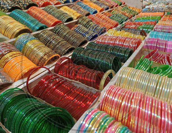 Indian Glass Bangles in multi colors displayed at a Fancy store in Mysore.