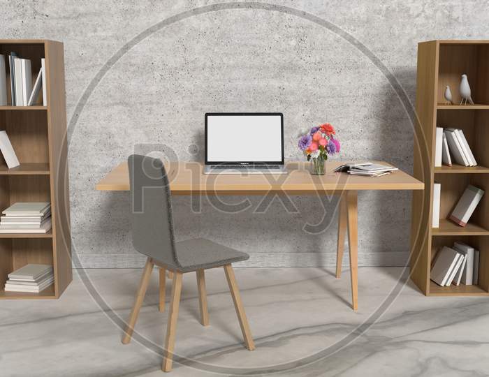 Working Office Interior Design With Laptop On Table And Bookshelf Storage. Home And Decoration Concept. Architecture And Lifestyle Theme. Indoors Theme. 3D Illustration Rendering