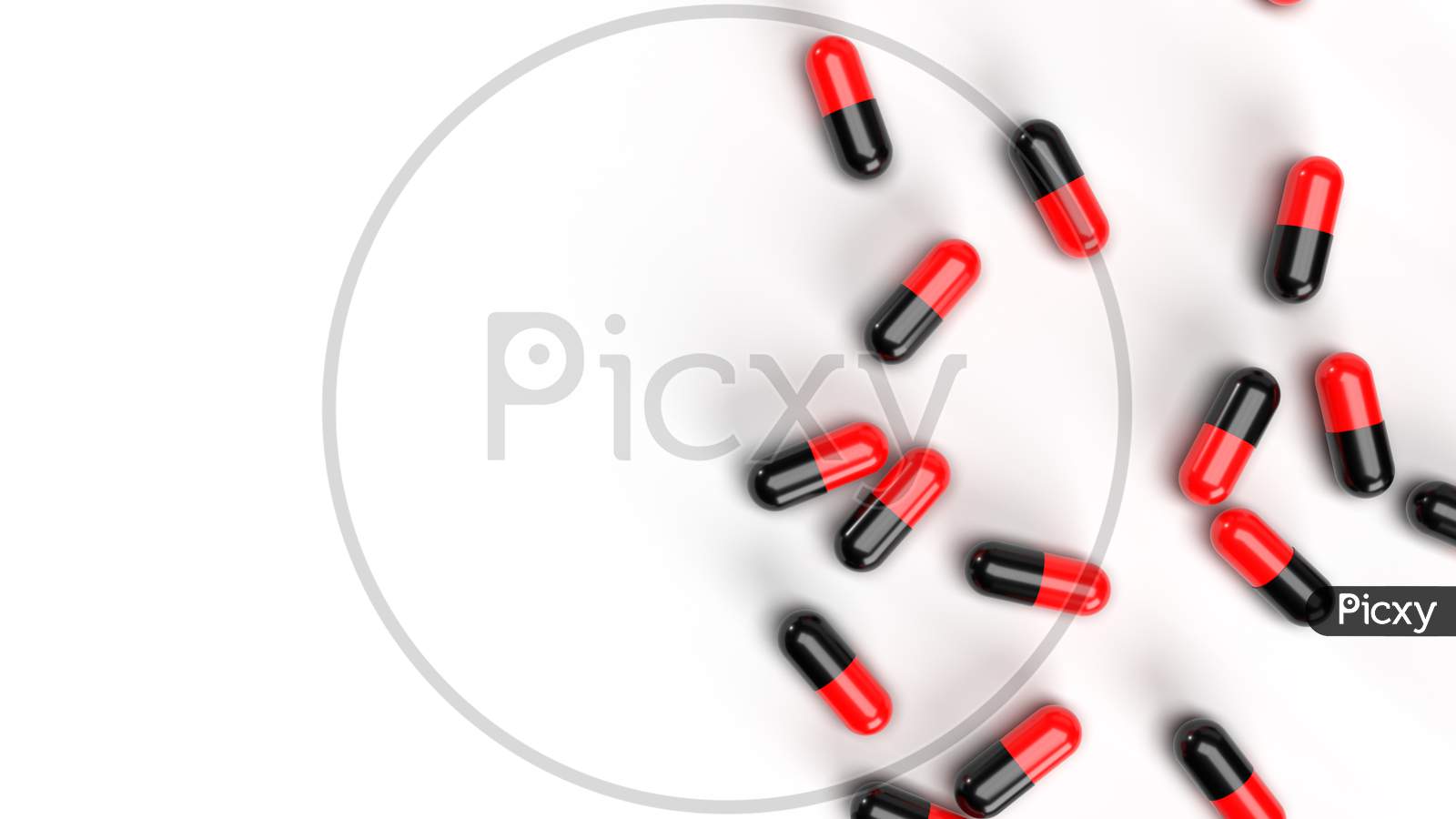 Group Of Pills Medicine On White Background. Medical Research And Pharmacy Concept. Drug Addiction. Health Care And Prescription Treatment. Supple Food And Vitamin. Copy Space. 3D Illustration Render
