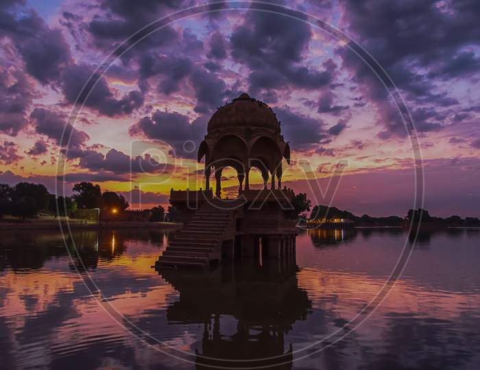 Dramatic Sunrise At Gadisar Lake In Jaisalmer, Rajasthan, India.