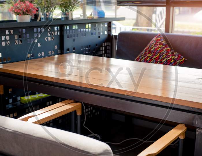 Coffee Shop Table With Armchairs. Object And Decoration Concept. Interior And Relaxation Theme.