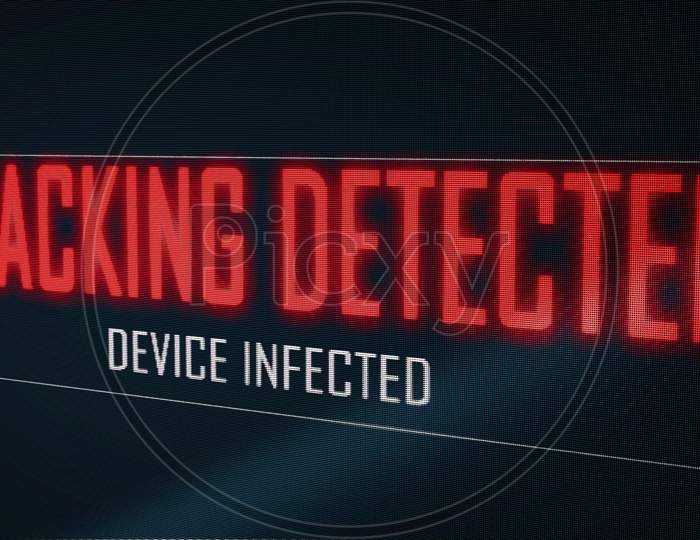Hacking Detected Device Infected Text Message From Virus On Computer Blue Screen Pixel Flicker Effect. Numeral Software Global Network. Cyber Security Hacker Interrupt Concept. 3D Illustration Render