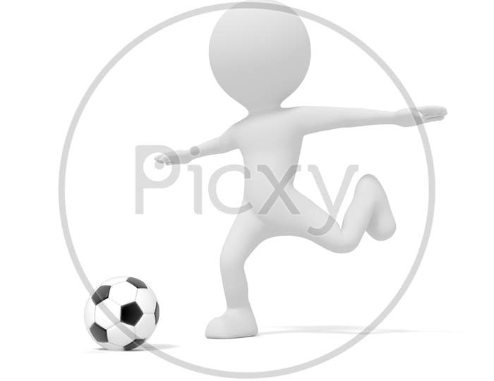 White Man Kicking Soccer Ball Or Football In Competition Match Game. 3D Illustration. People Model Rendering Graphic. Isolated White Background. Football League And World Cup Concept. Cartoon Theme
