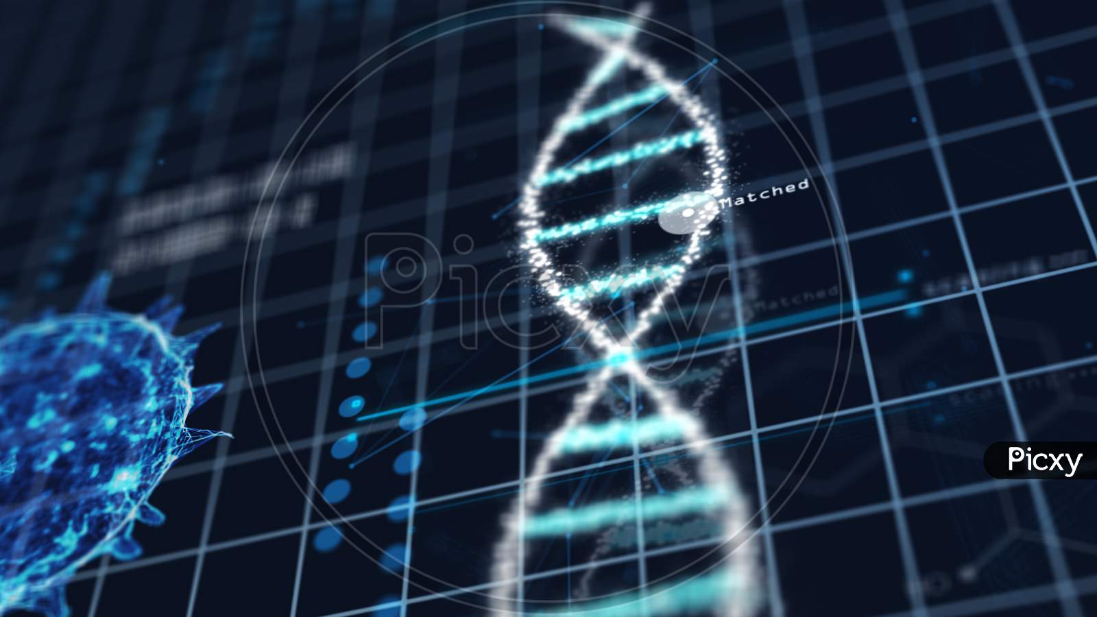 Medical Tech Spiral Dna Chromosome In Virus Analysis Laboratory On Blue Grid Background. Abstract Hologram Hud Interface And Biology Concept. Digital Screen Technology Innovative. 3D Illustration