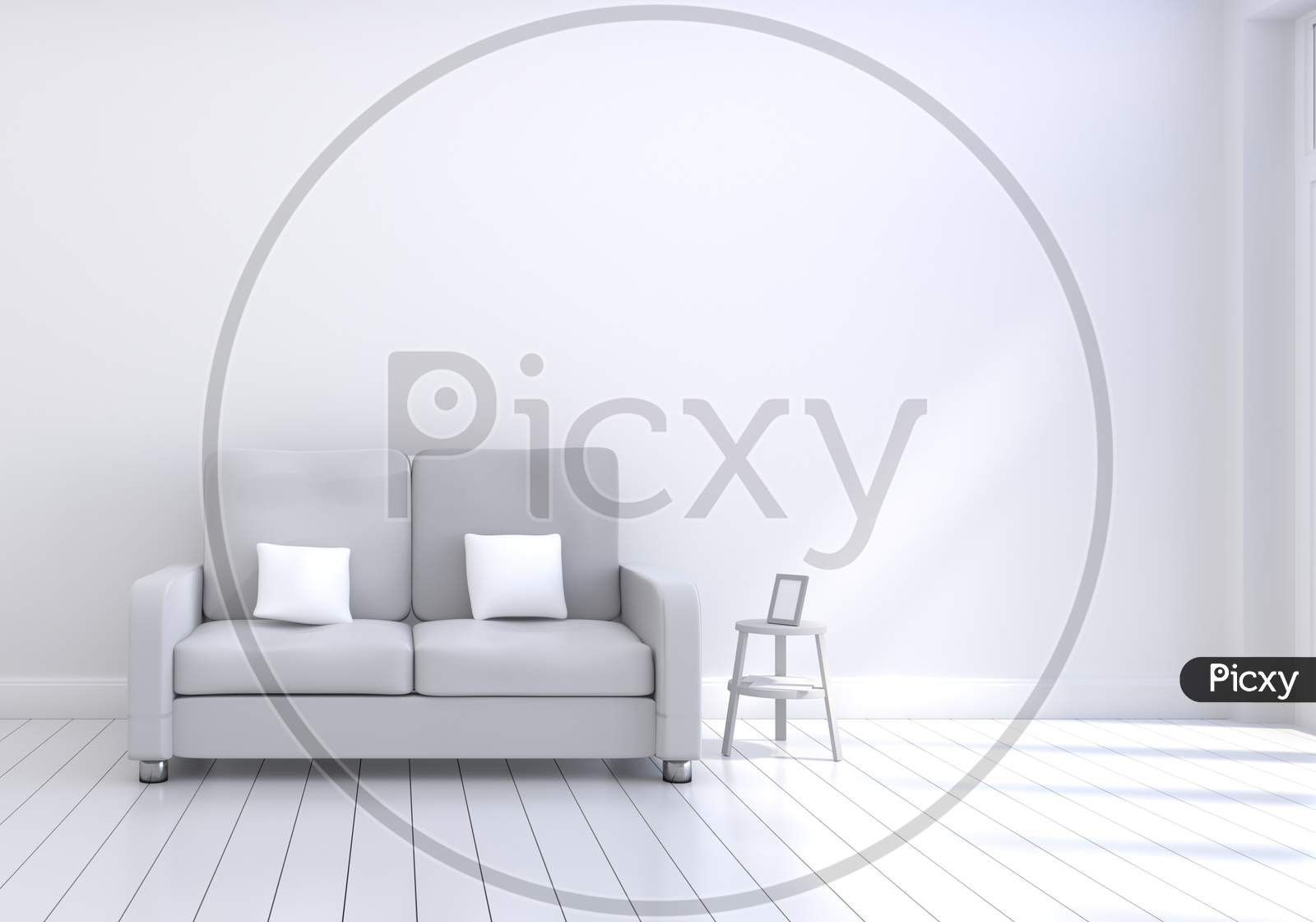 Modern Interior Design Of Living Room With Grey Sofa With White And Wooden Glossy Floor And Photo Frame. White Cushions Elements. Home And Living Concept. Lifestyle Theme. 3D Illustration Rendering.