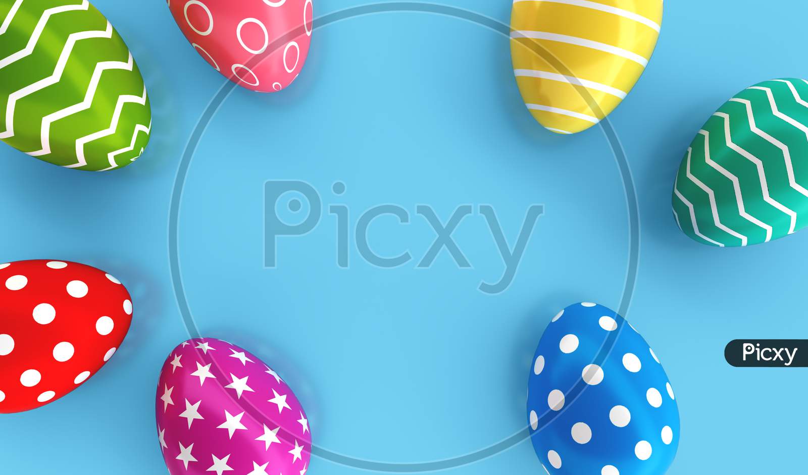 Top View Of Colorful Painted Easter Eggs On Blue Floor Background. Holiday And Festival Concept. Dot Star And Line Fantasy Pattern Art. 3D Illustration With Copy Space
