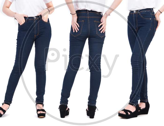 Close Up Lower Body Of Beauty Woman With Fashion Jeans And Shoes. Trendy And New Fashion Concept. Isolated White Background. Studio Portrait.
