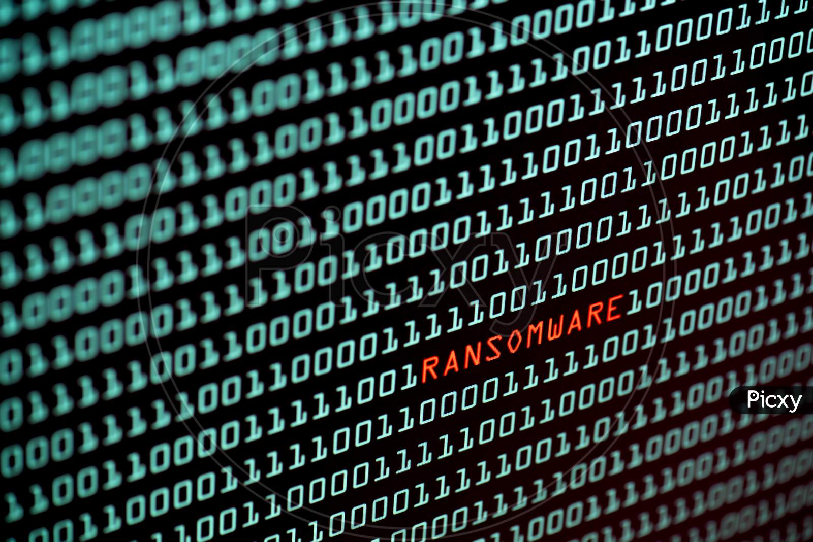 Ransomware Or Wannacry Text And Binary Code Concept From The Desktop Computer Screen, Selective Focus, Security Technology Concept, Hacker Concept