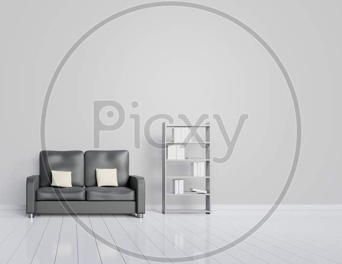 Modern Interior Design Of Living Room With Black Sofa With Grey And Wooden Glossy Floor And Book Shelves. White Cushions Elements. Home And Living Concept. Lifestyle Theme. 3D Illustration Rendering.