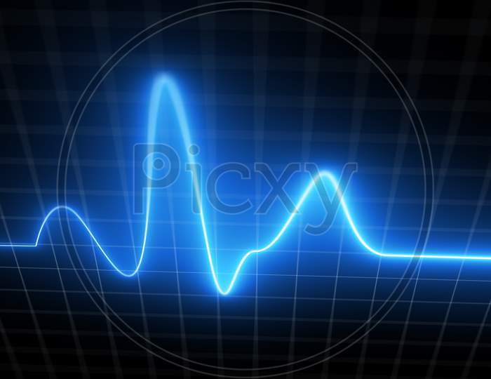 Blue Heartbeat Monitor Ekg Line Monitor With Moving Camera Processing Heartthrob Display. Electrocardiogram Medical Screen Graph Of Heart Rhythm On Black Background With White Grid. 3D Illustration