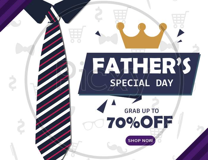 Father'S Special Day, Shop Now Discount Banner With A Crown And A Necktie Illustration, Vector
