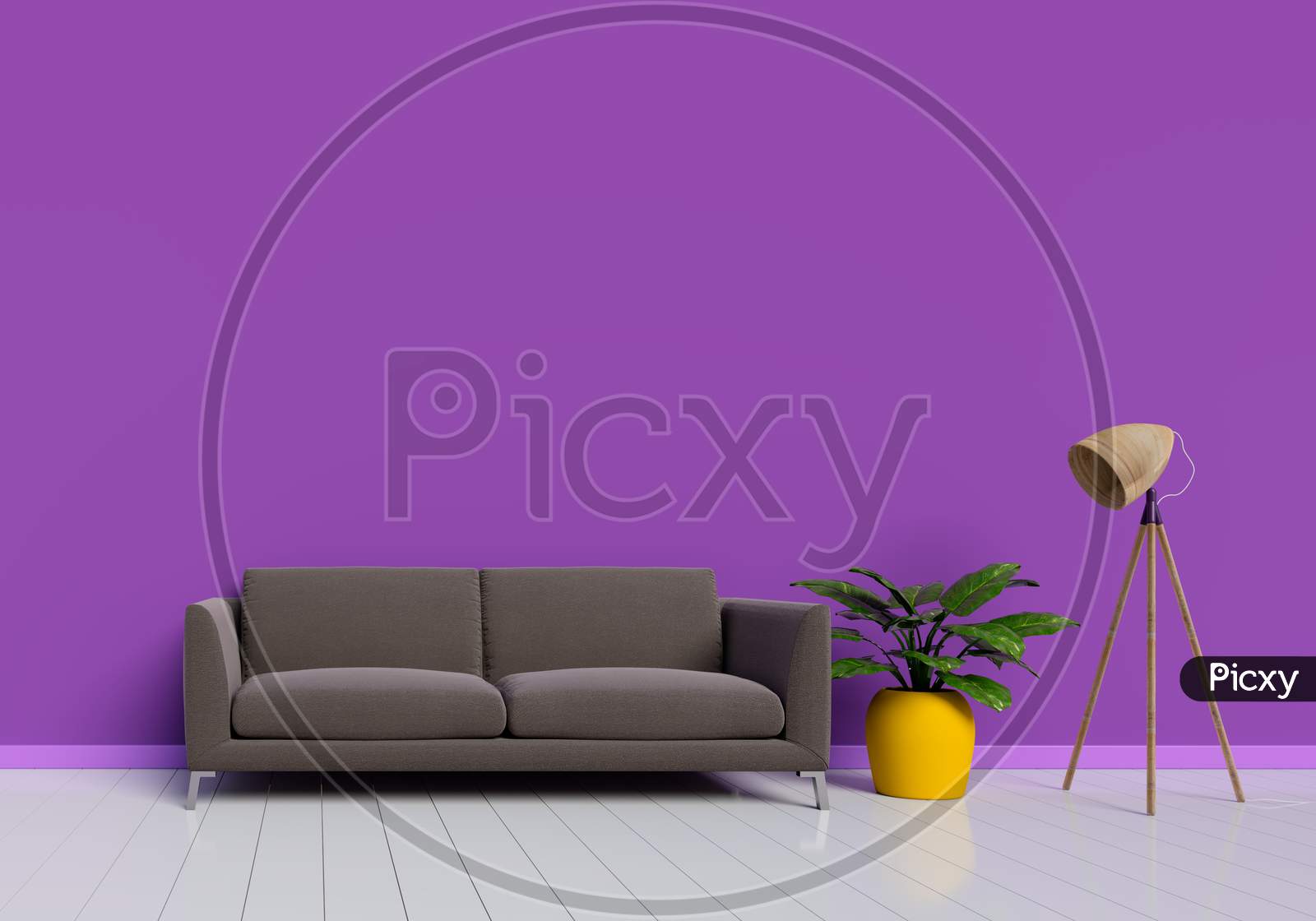 Modern Interior Design Of Purple Living Room With Brown Sofa And Yellow Plant Pot On White Glossy Wooden Floor. Lamp Element. Home And Living Concept. Lifestyle Theme. 3D Illustration Rendering.