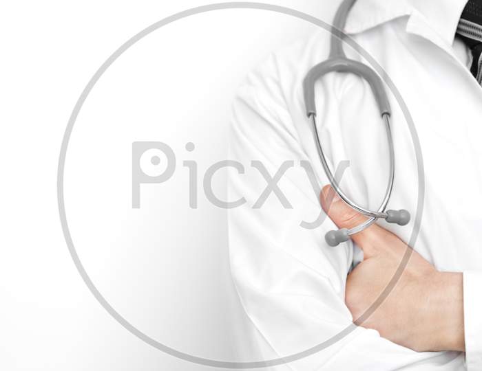Male Doctor With Stethoscope Medical Equipment Tool On White Background, Doctor And Hospital Concept, Copyspace And Blank