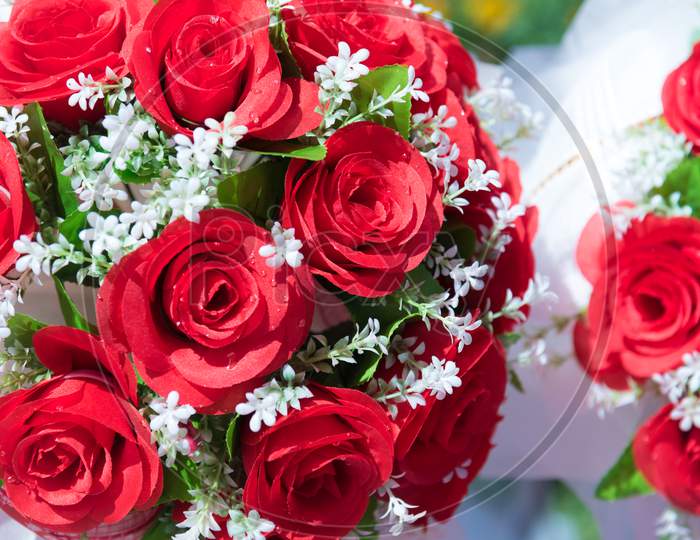 Bunch Of Rose. Flower And Floral Concept. Valentines Day Celebrating And Wedding Theme. Red Rose And White Gypsophila In Wedding Event