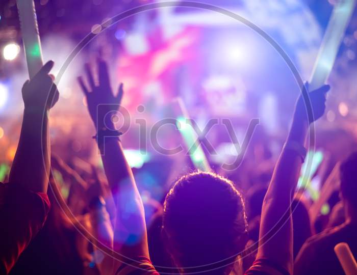 Rock Concert Party Event. Music Festival And Lighting Stage Concept. Youth And Fan Club Concept. People  And Lifestyle Theme. Live Stage Show Theme.