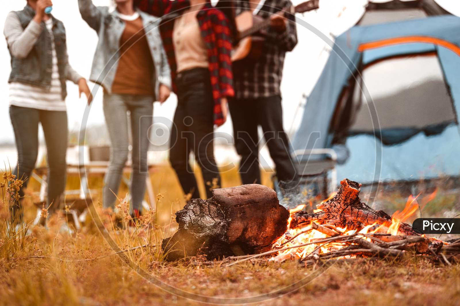 Closeup Of Campfire And Friendship Dancing To Beat Of The Music For Celebrating In Party With Mountain Meadow And Lake View Background. People Lifestyle And Travel Vacation. Picnic And Camping Tent