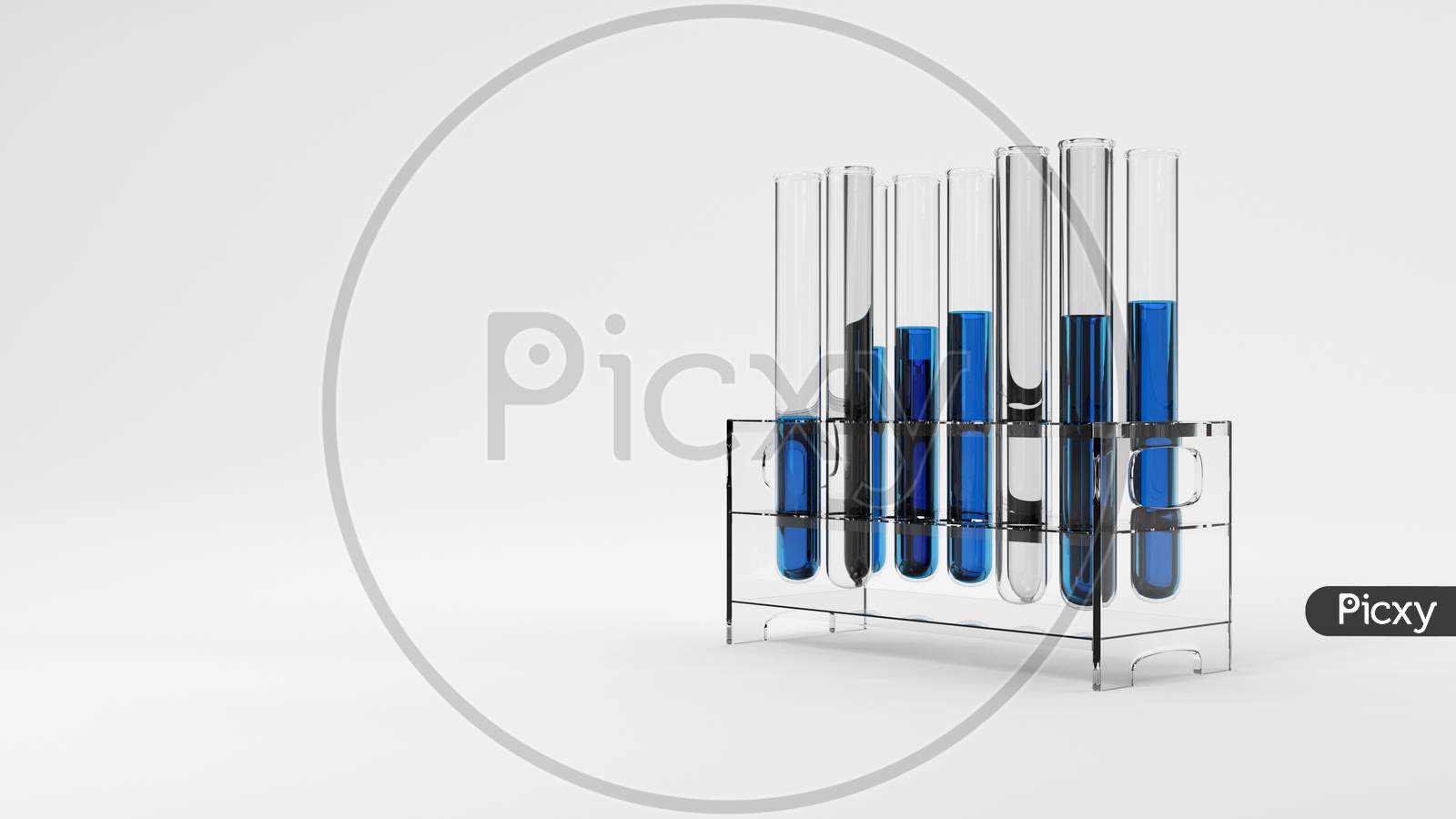 Group Of Test Tube With Blue Solution Sample In Laboratory On White Background. Science Researching And Nanotechnology Biology Concept. Selective Focus On Liquid Water Drop. 3D Illustration Rendering