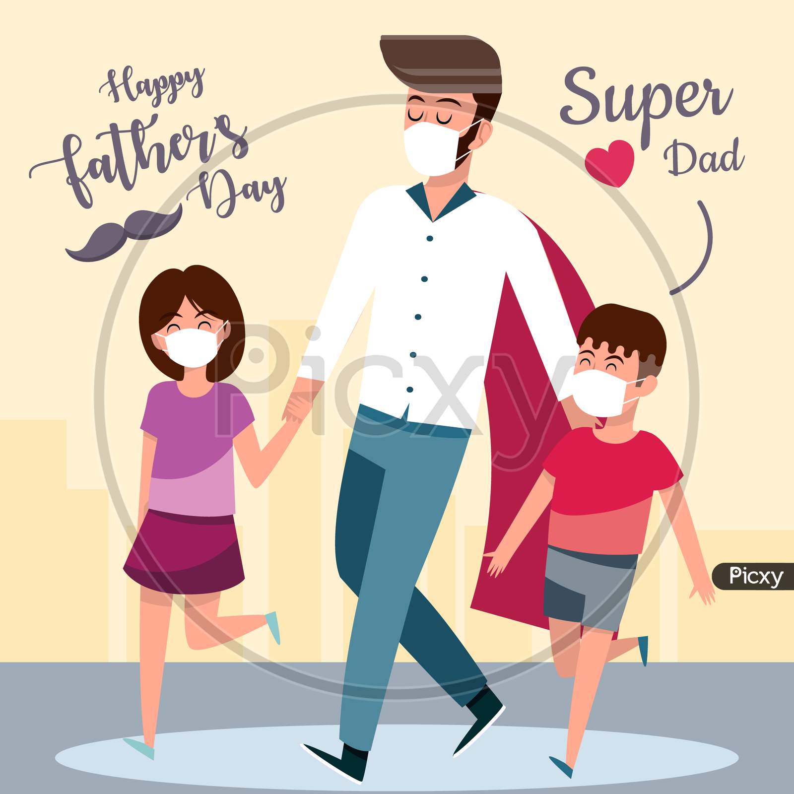 Father'S Day In Lock Down With Medical Mask Cartoon Illustration, Super Dad Fathers Day, I Love You Dad Vector Illustration