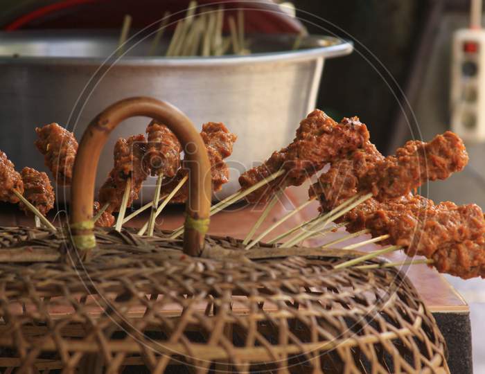 Fresh Sate Sticks Ready To Be Grilled In Lombok
