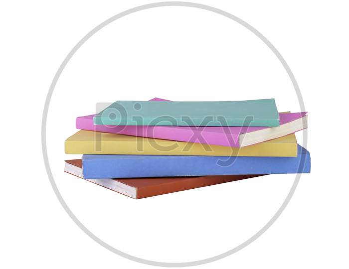 Stack Of Multi Color Books On Isolated White Background. Clipping Path Use. Education And Object Concept.