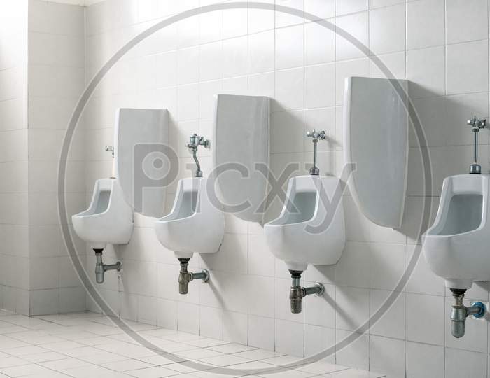 Public Gentlemen Toilet Restroom. Interior And Healthcare Concept. Hygiene In Shopping Mall Theme.